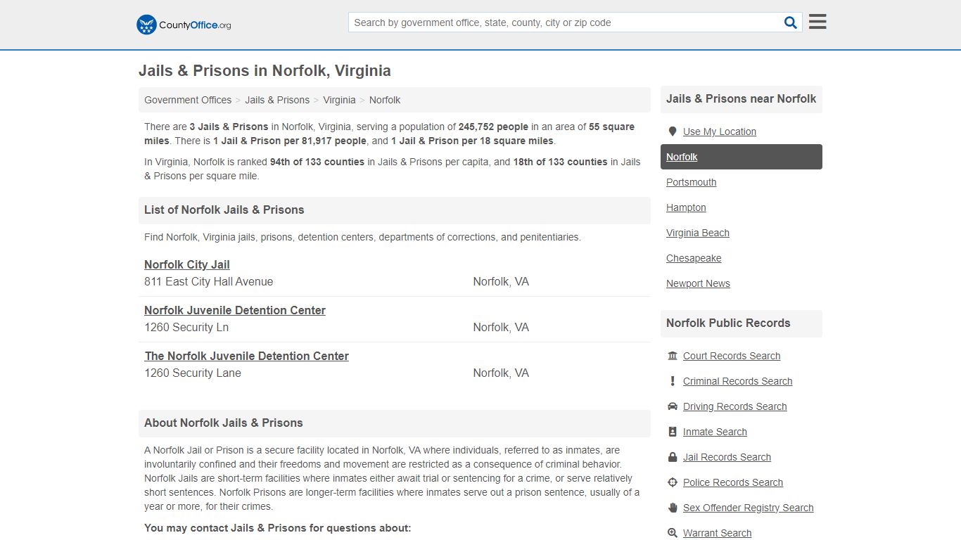 Jails & Prisons - Norfolk, VA (Inmate Rosters & Records) - County Office