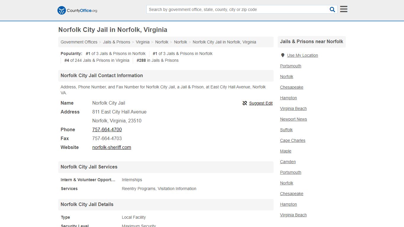 Norfolk City Jail - Norfolk, VA (Address, Phone, and Fax) - County Office